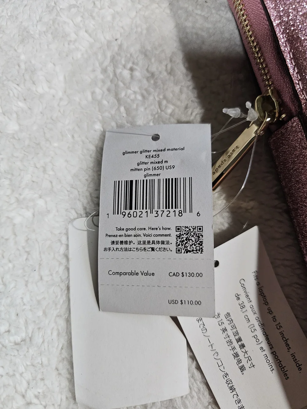 Kate Spade Glimmer Laptop Sleeve Case Mitten Pink 15 inch Glitter Metallic KE455